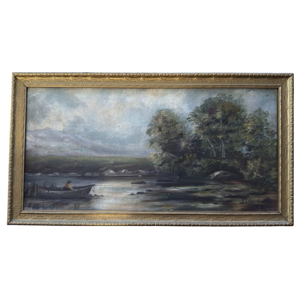 1912 Painting B - Water Boat w Man Stone Bridge Clouds Landscape Low Light 20x10